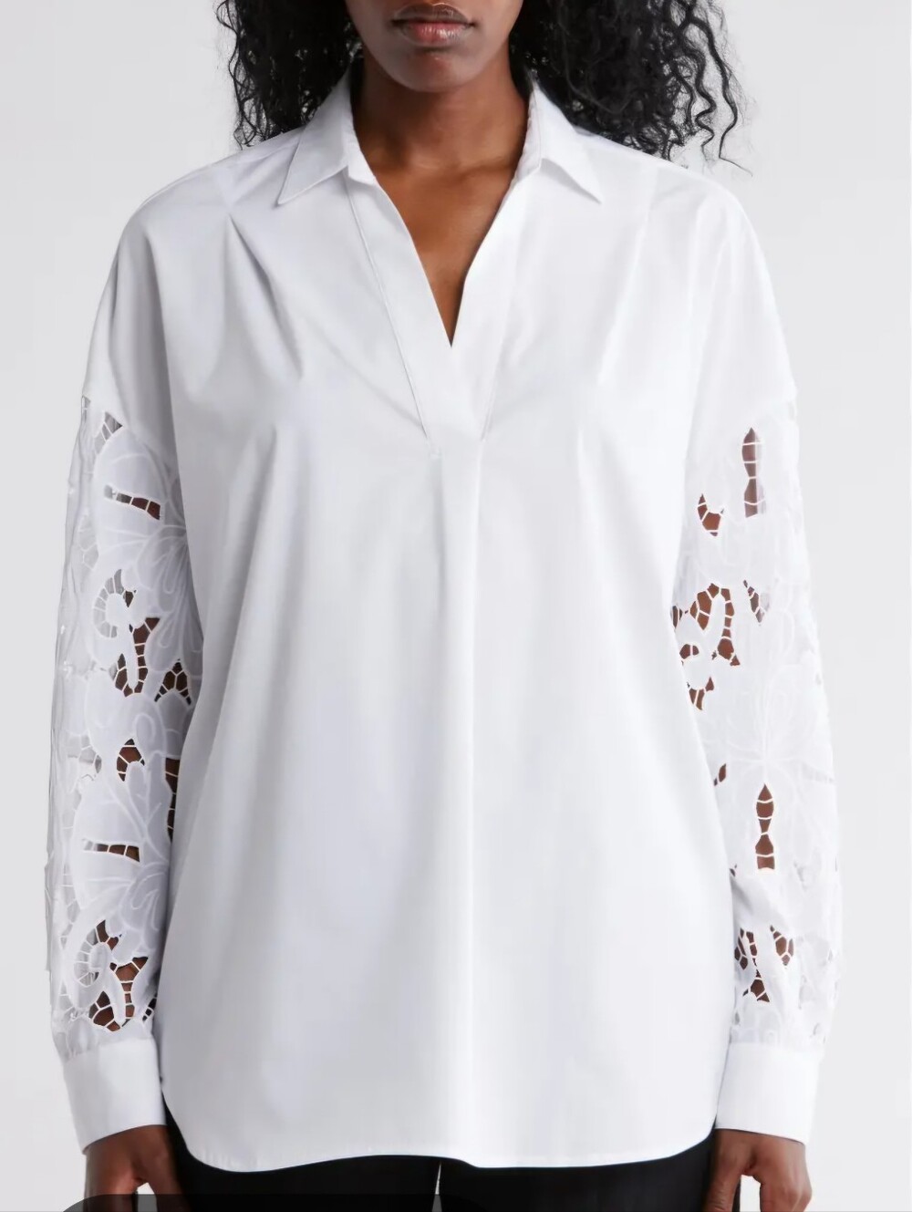 Ellen Tracy White Cotton Tunic With Lace Sleeves